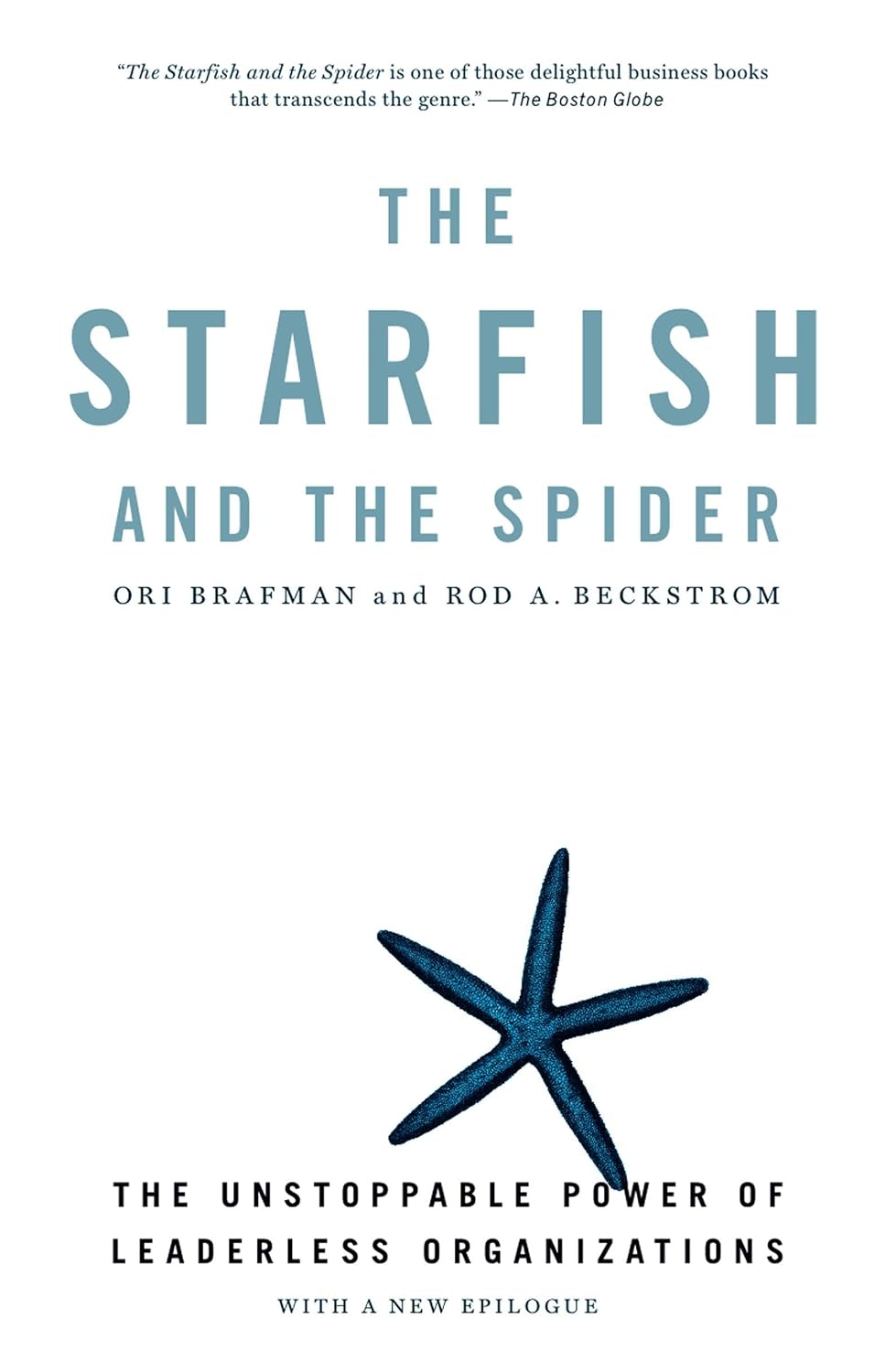 Book cover for 'The Starfish and the Spider' by Ori Brafman and Rod A. Beckstrom, featuring a white background, light blue title text, a dark blue starfish illustration, and black subtitle text.